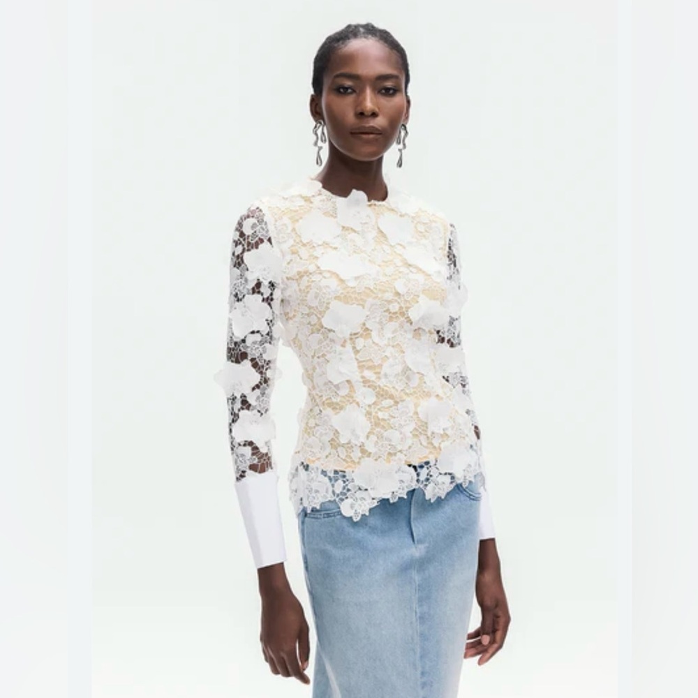 NWT Innovare Denim Bhishma Flower Lace Blouse RUNS SMALL size Large